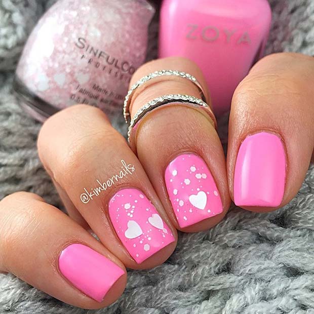 Pink and White Heart Nails