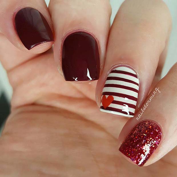 Red, Stripe and Heart Nail Art