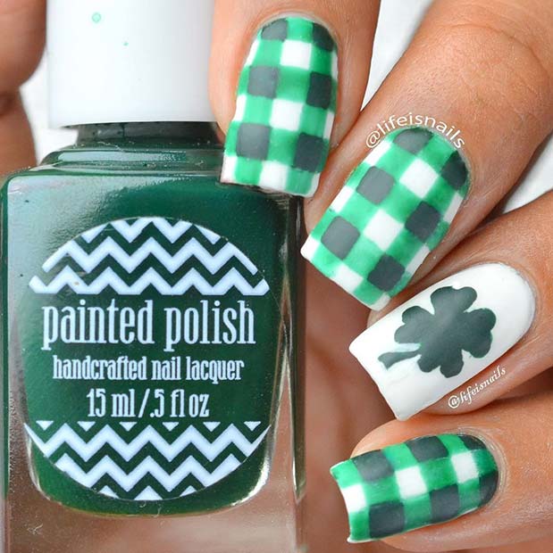 Green Plaid and Clover Nail Design