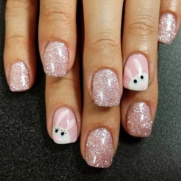 Pretty Glitter and Bunny Nails