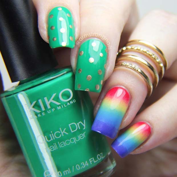 Vibrant Green and Rainbow St Patrick's Day Nails