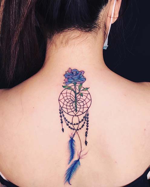 Blue Dream Catcher Tattoo on Back