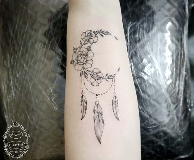 Creative Half Moon Dream Catcher Tattoo Design 