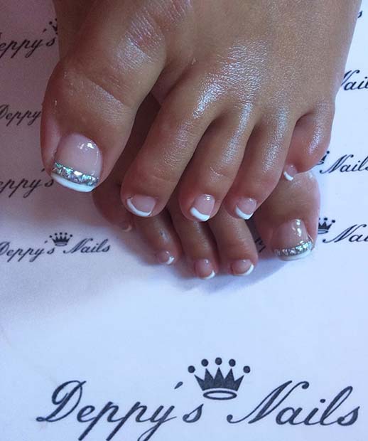 French Toe Nail Design with Rhinestones 