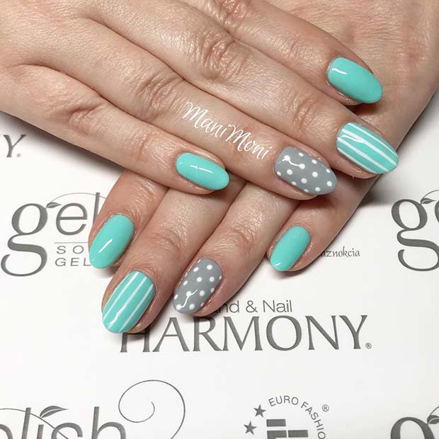 Spring Nails with Polka Dots and Stripes 