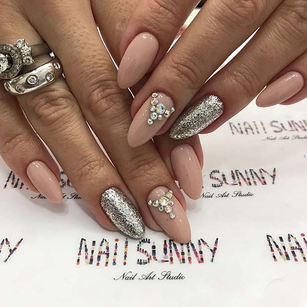 Nude Prom Nails with Glitter and Rhinestones 