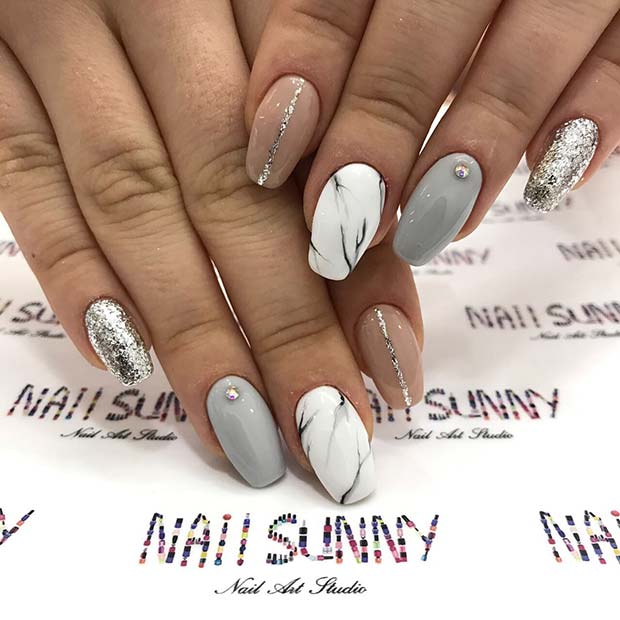 Statement Marble and Glitter Prom Nails
