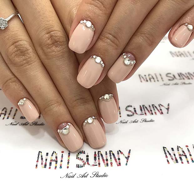 Trendy Prom Nude Nails with Rhinestones 