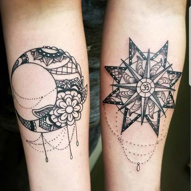 Beautiful Sun and Moon Best Friends Tattoos 