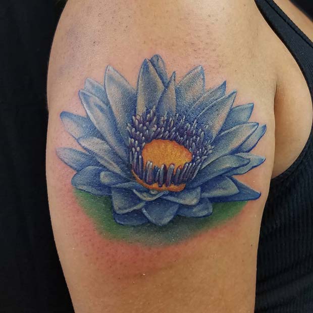 Bold, Blue Lotus Flower Tattoo 