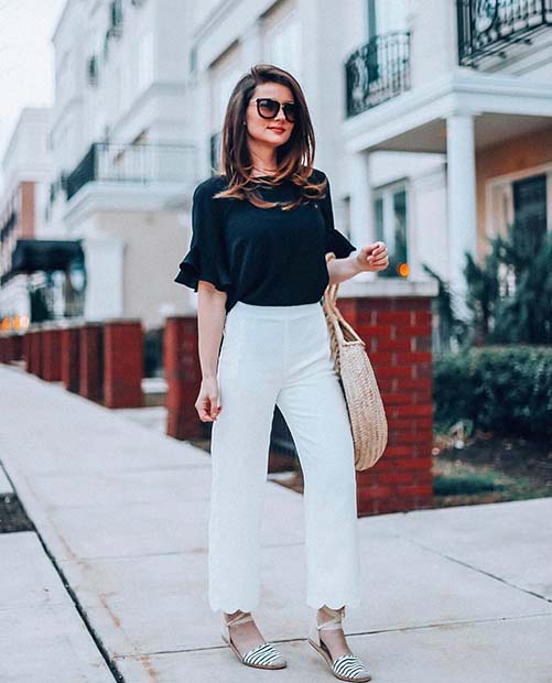 White Pants and Black Top Work Outfit 