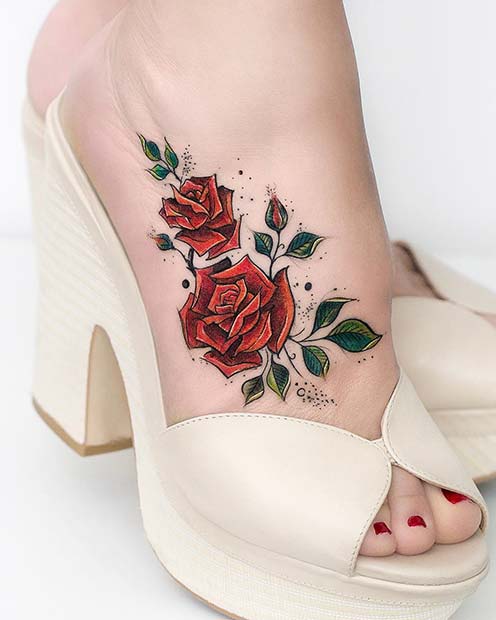 Red Rose Foot Tattoo Idea