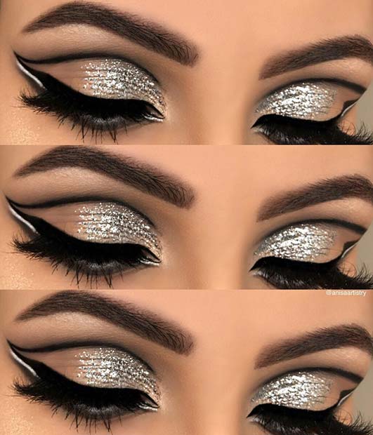 Retro Eyeliner and Glitter Eye Makeup Look 