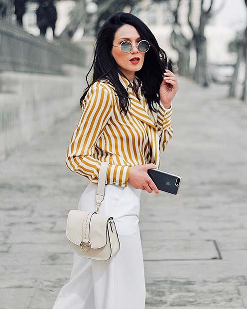 Striped Shirt and White Pants Outfit Idea