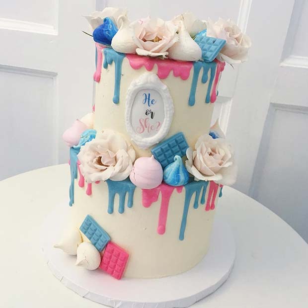 Two Tier Floral Gender Reveal Cake Idea
