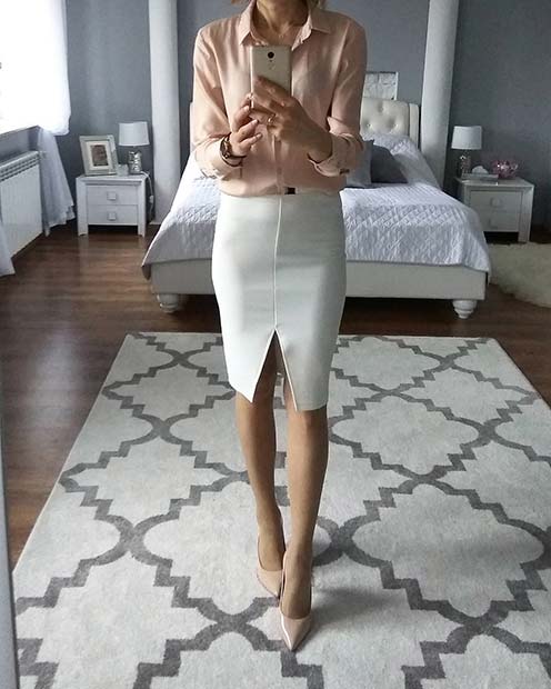 White Skirt Spring Work Outfit Idea