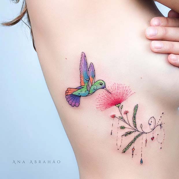 Colorful Bird Rib Tattoo Design
