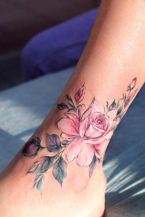 Colorful Rose Foot Tattoo