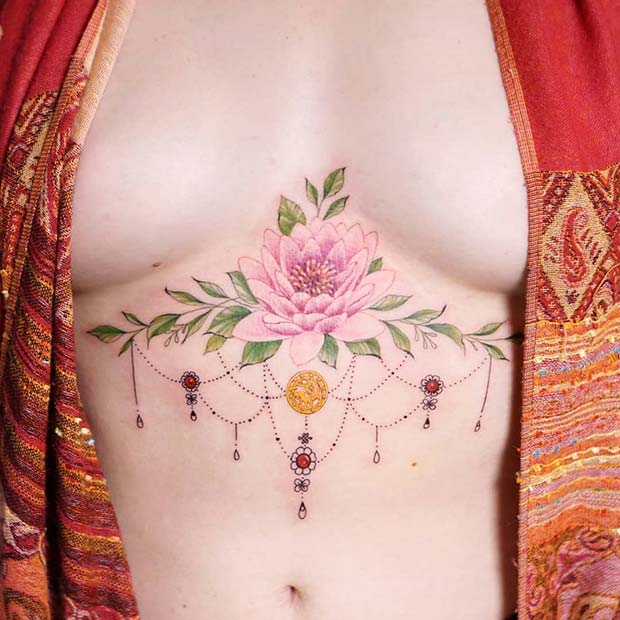 Colorful Flower Sternum Tattoo