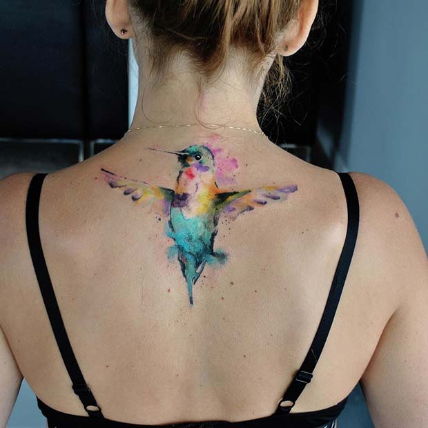 Watercolor Hummingbird Bird Back Tattoo 