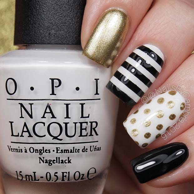 Black and Gold Nails with Stripes and Polka Dots