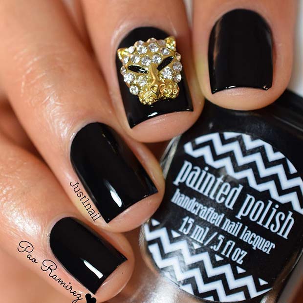 Black Nails with Gold Bling
