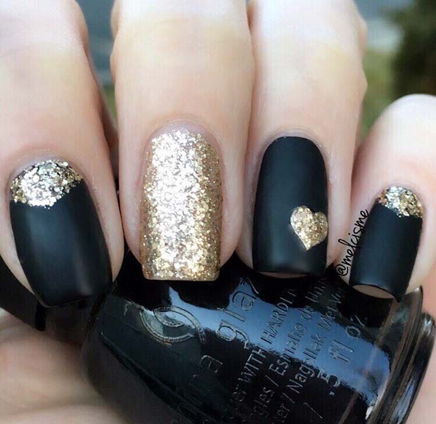 Black and Gold Glitter Nails