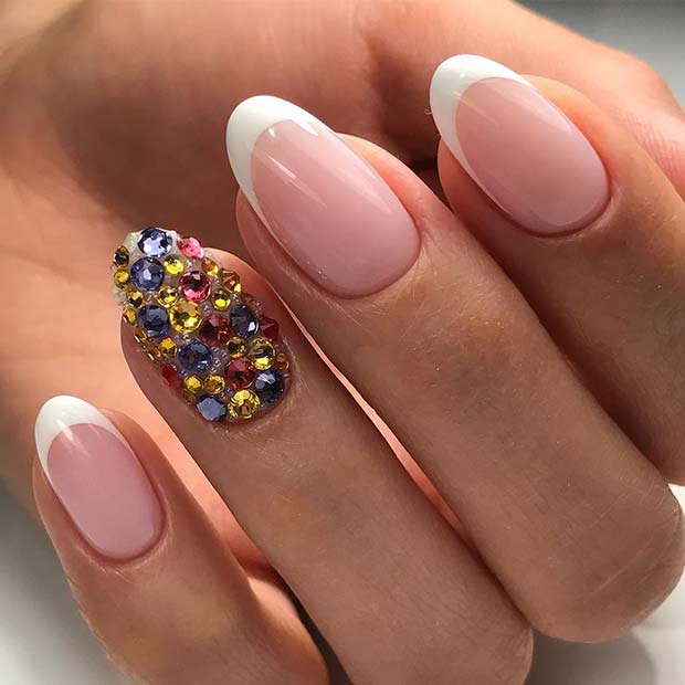 French Nail Design with Rhinestones
