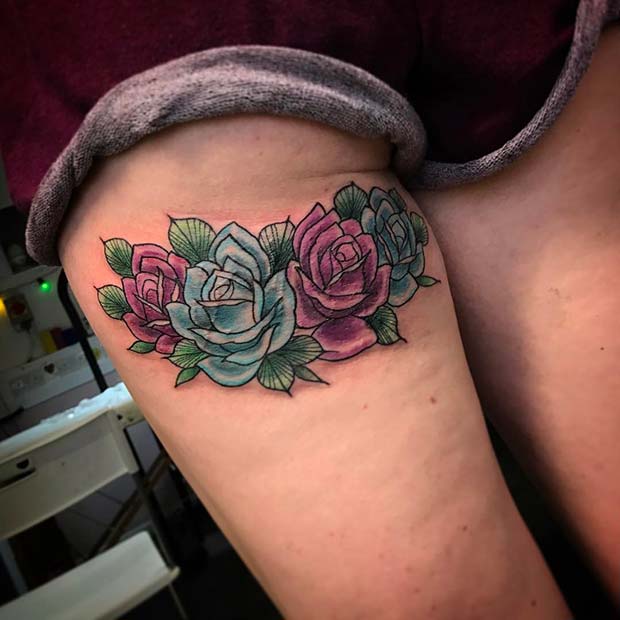 Colorful Roses Back of Thigh Tattoo 