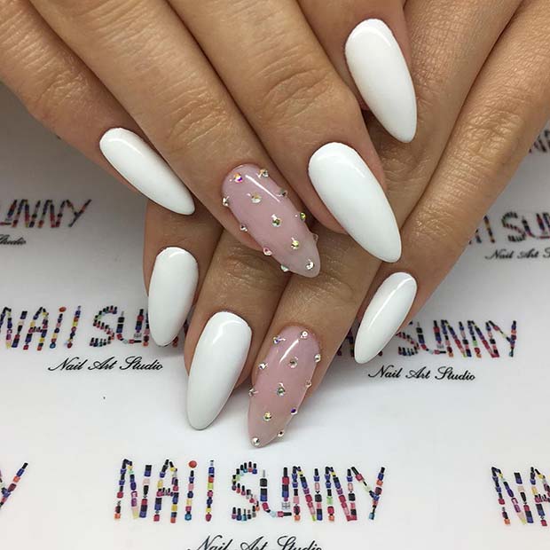 Elegant White Nails with Crystal Accent Nail
