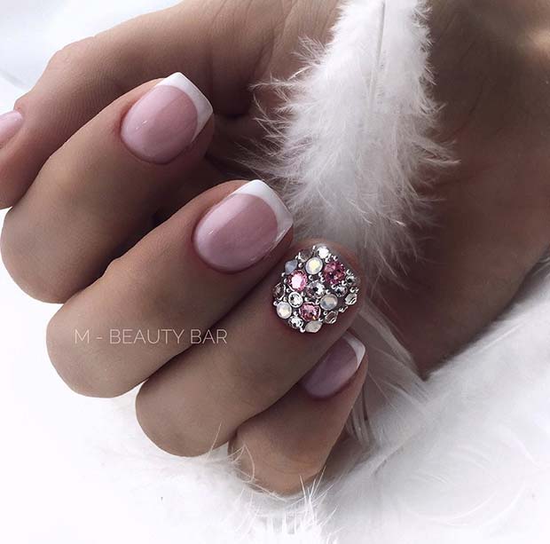 French Manicure with Rhinestone Accent Nail