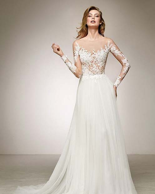 Wedding Gown with Sheer Lace Bodice and Sleeves
