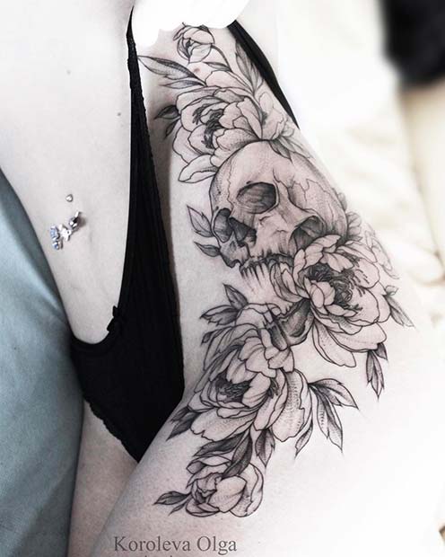 Hot Hip Tattoo with Skull and Flowers