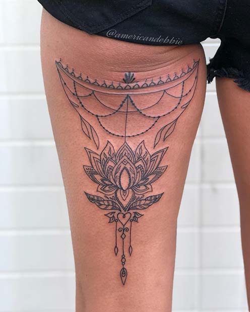 Lotus Back of Thigh Tattoo