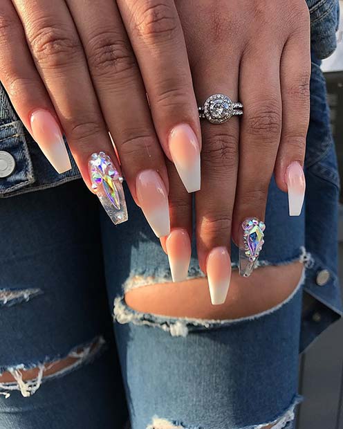 Ombre Nails with Clear Rhinestone Accent Nail