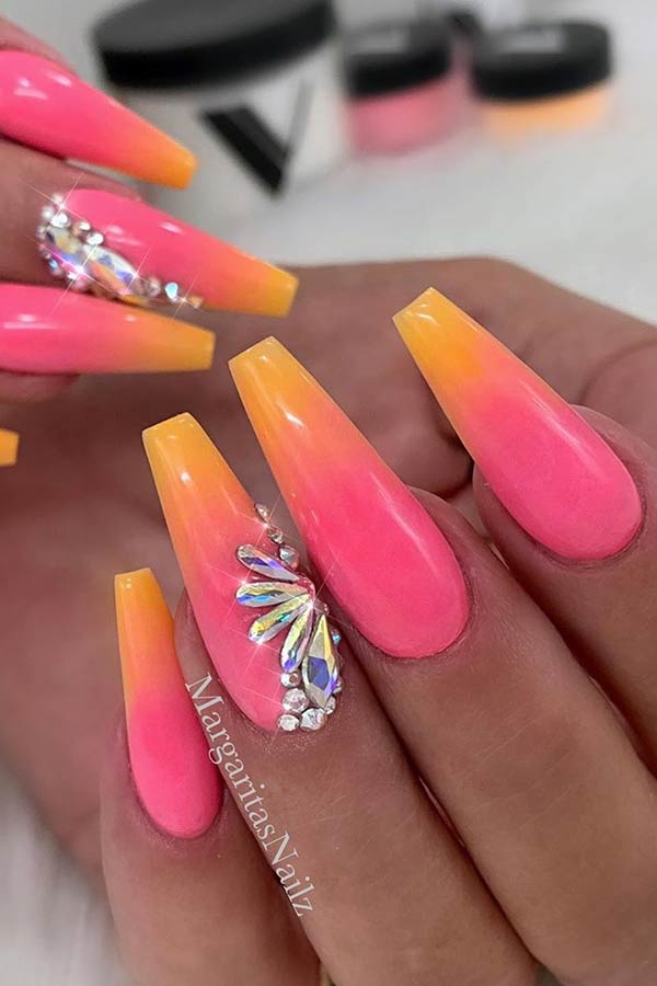 Pink to Orange Ombre Nails with Rhinestones