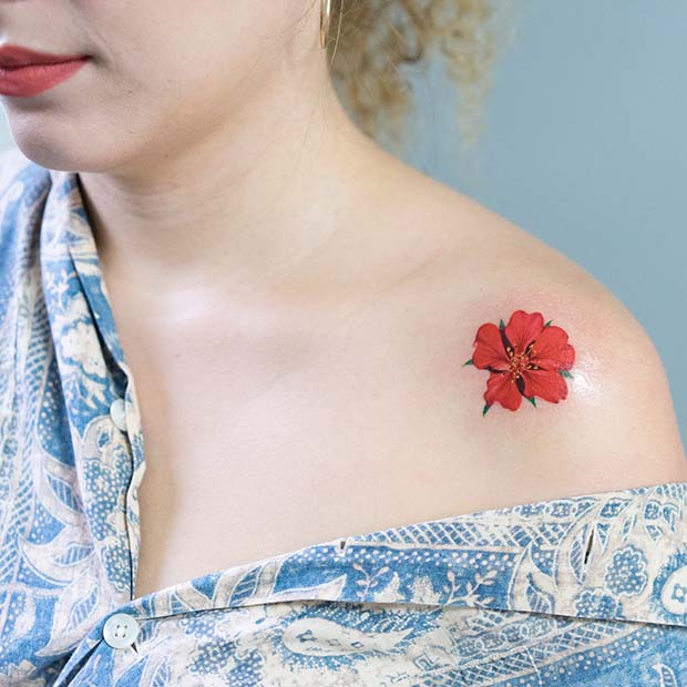 Pretty Red Flower Shoulder Tattoo 