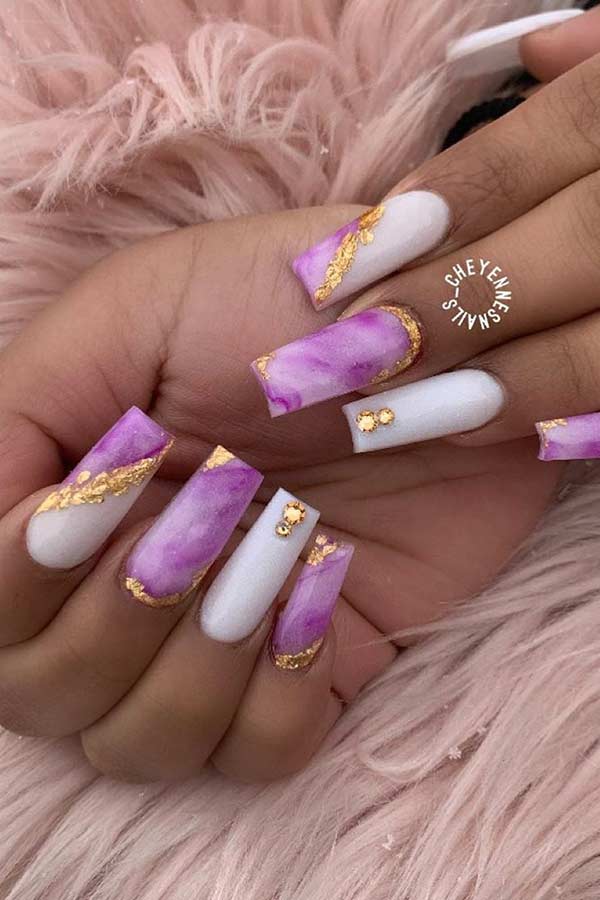 Purple Marble Nails with Gold Foil