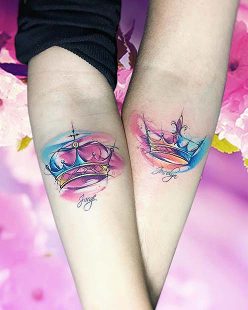Watercolor, King and Queen Sibling Tattoos