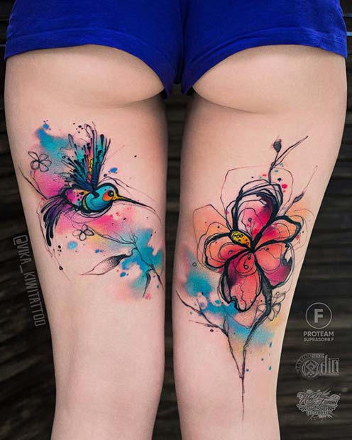 Watercolor Back of Thigh Tattoo
