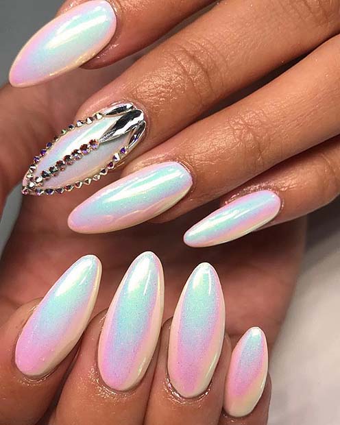 Aurora Chrome Nails with Crystals