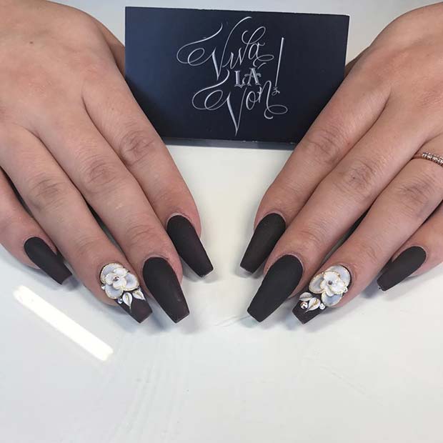 Black Matte Coffin Nails with Flower Accent Nail