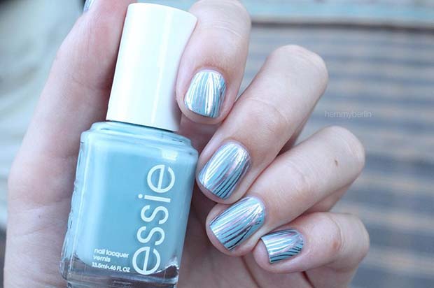 Blue and Silver Chrome Nail Design