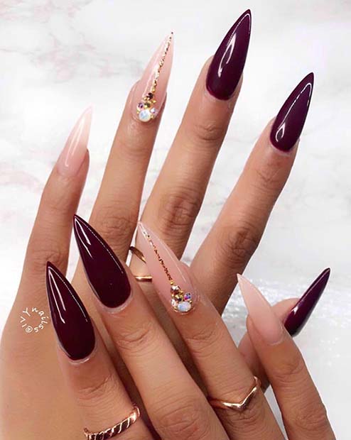 Burgundy and Nude Stiletto Nails