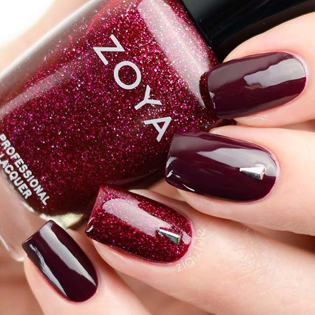 Burgundy and Red Glitter Nails