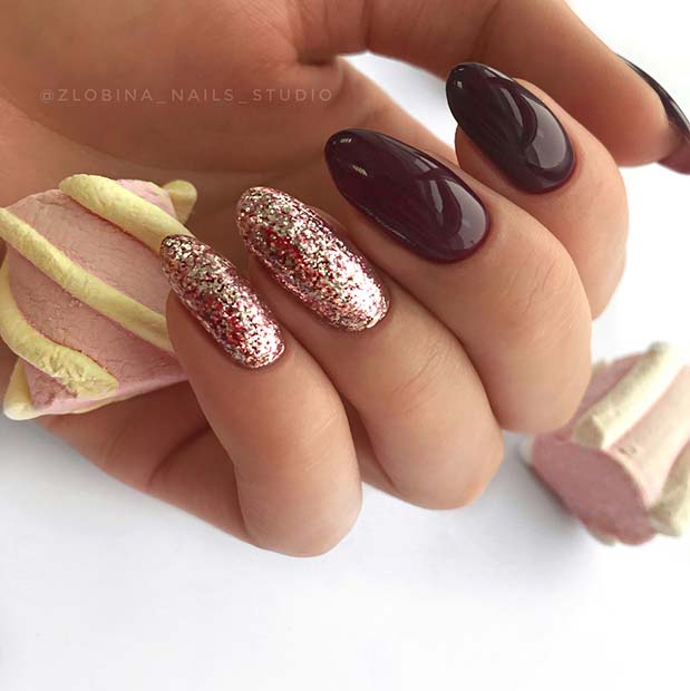 Burgundy and Rose Gold Nails