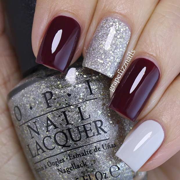 Burgundy and Silver Glitter Nails