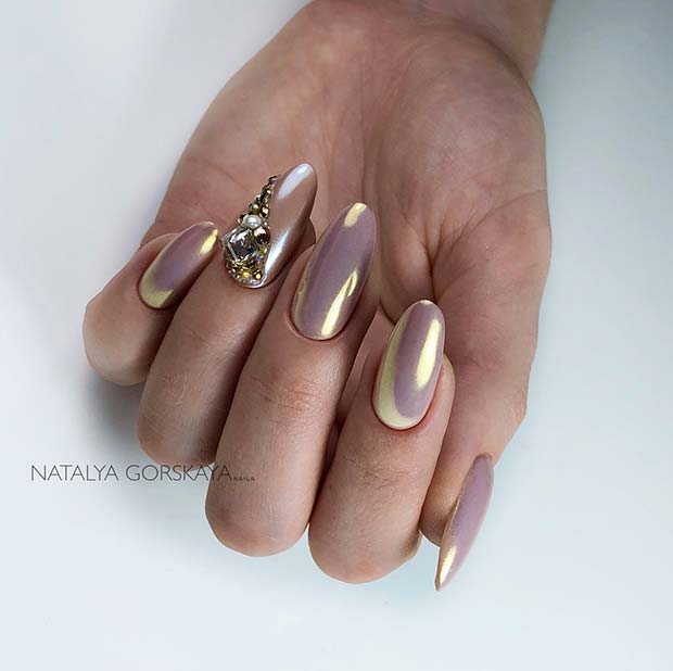 Elegant, Chrome Almond Nails with Rhinestones