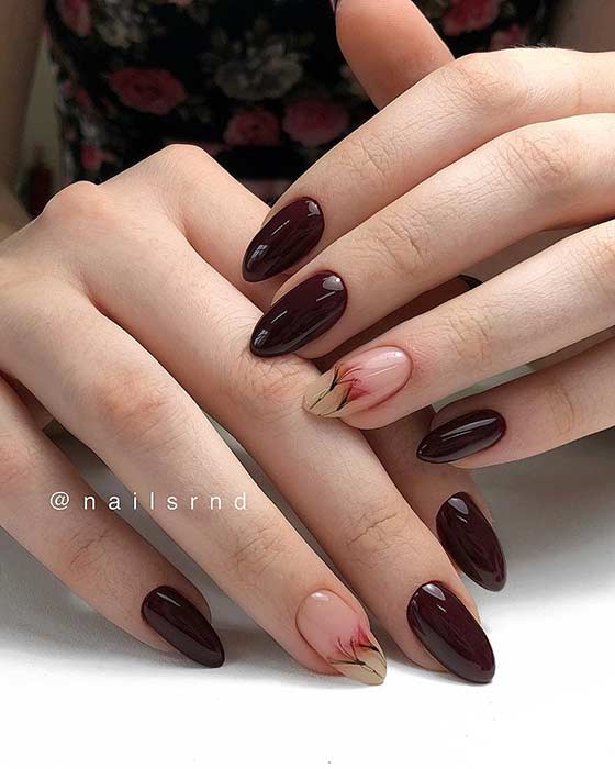 Elegant, Floral Burgundy Nails