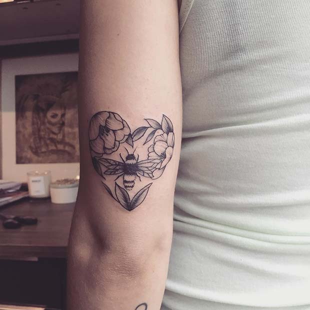 Floral Heart Tattoo with a Bee
